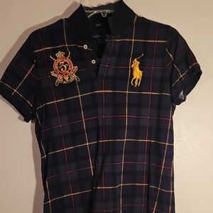 Ralph Lauren Navy Plaid Polo with Gold Embroidered Logo